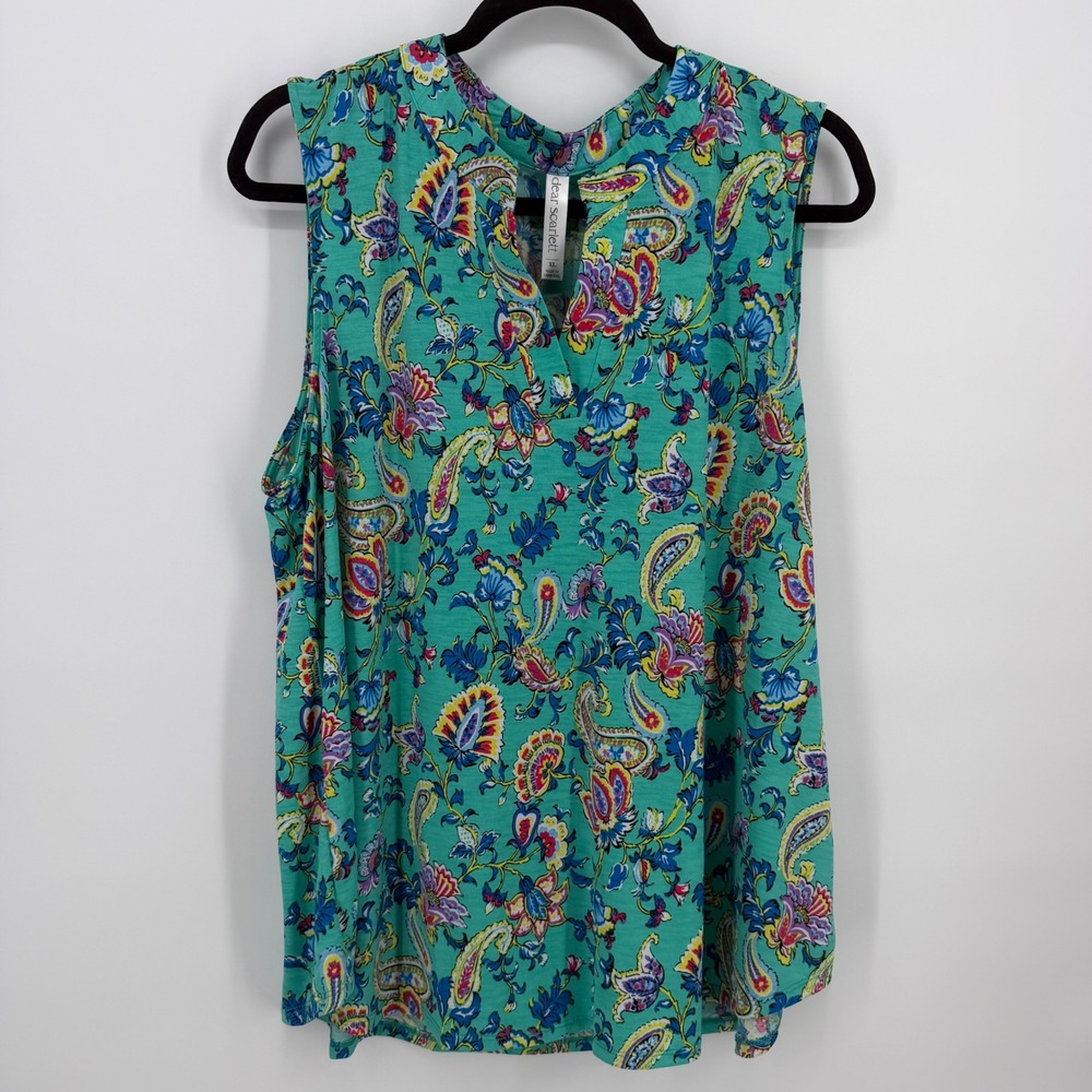 Dear Scarlett Womens XL Turquoise Paisley Floral Notched V-Neck Sleeveless Top